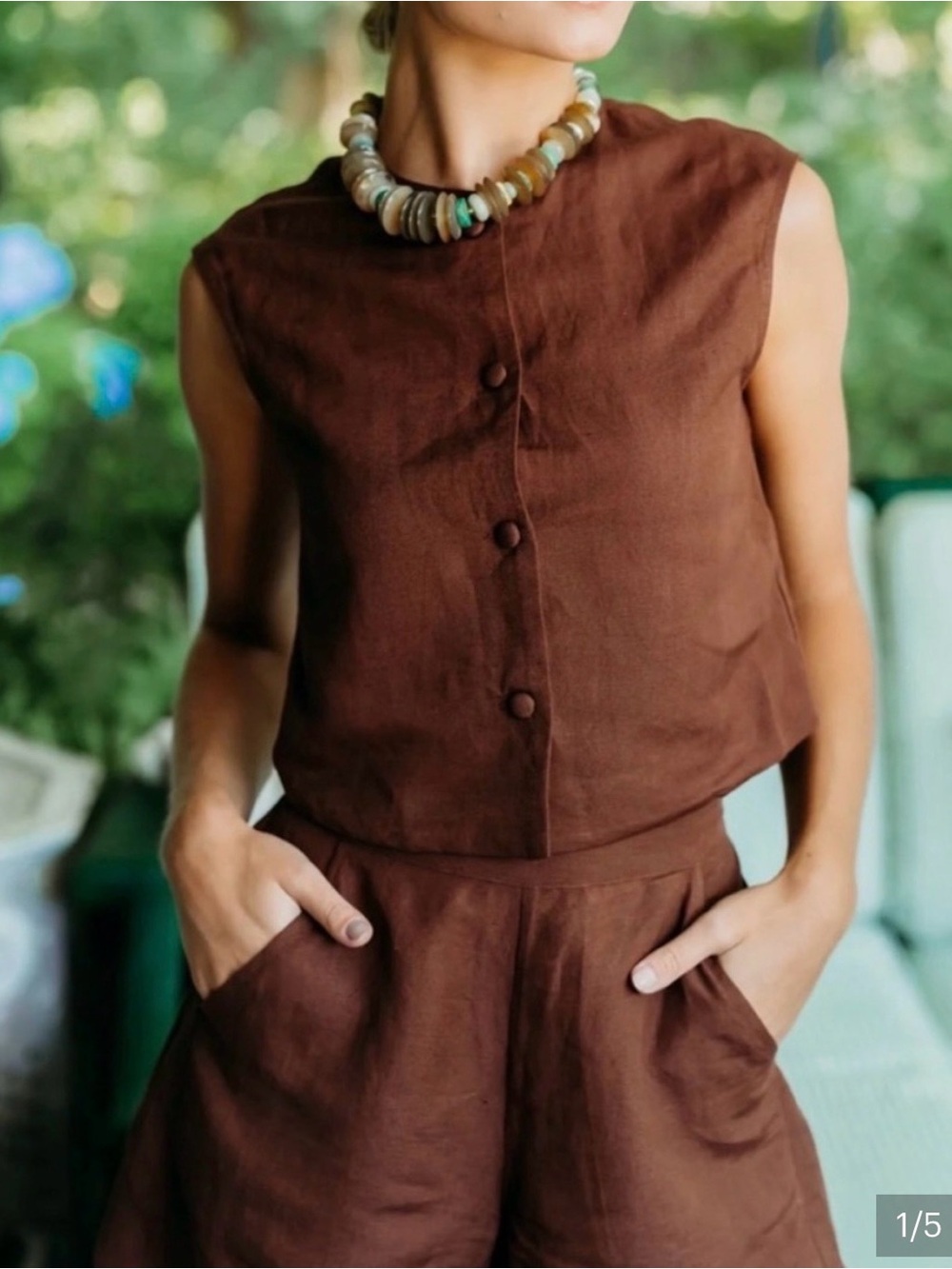 Julia Amory Brown Linen Sleeveless Button Front Crop Top and Shorts SET